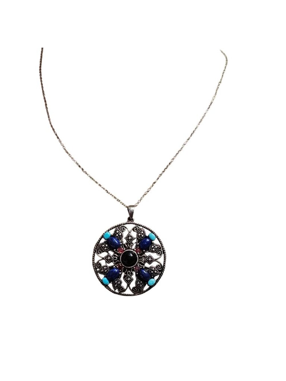 (710) Sterling Silver Mandala Scroll Pendant Necklace Turquoise Coral Onyx11.42g